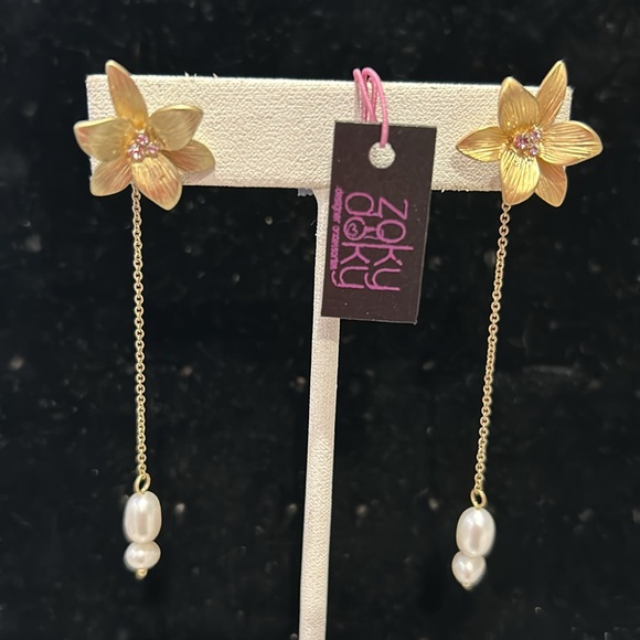 Two Way Flower & Pearl Drop Earrings-Boutique - Picture 2 of 6